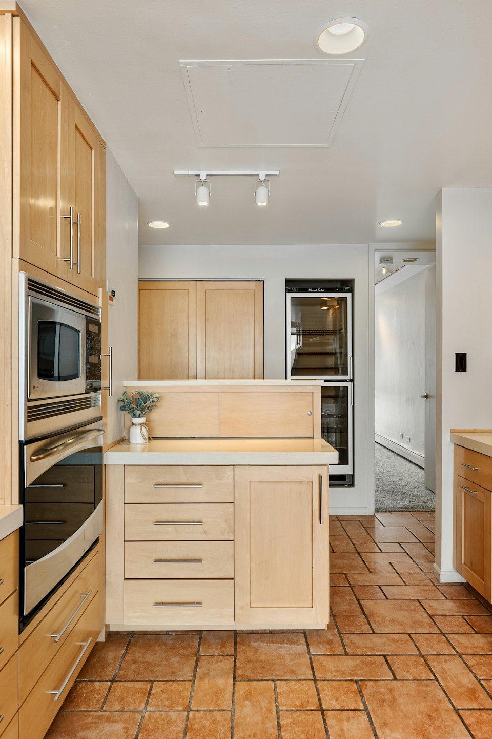 Cucina moderna con mobili in legno ed elettrodomestici in acciaio inossidabile.